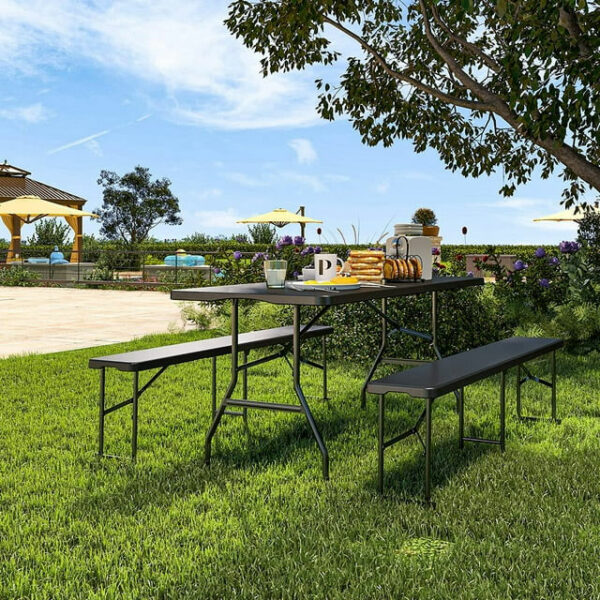 Set masa cu 2 banci pliabile tip valiza pentru gradina, camping, terase, 180x74x74cm, negru - Image 4