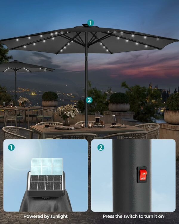 SONGMICS Umbrela de gradina, iluminare LED solara, cu manivela pentru deschidere, sistem inclinare, 300cm, gri - Image 4