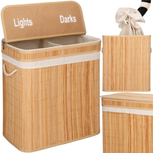 Cos de rufe din bambus cu capac, 2 compartimente, sac detasabil, volum 100L, 53x32x62cm, maro - Image 5