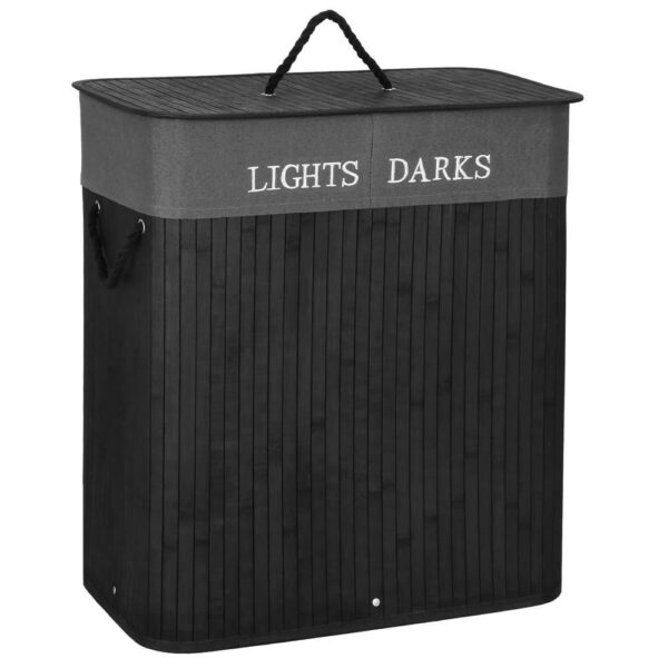 Cos de rufe din bambus cu capac, 2 compartimente, sac detasabil, volum 100L, 54x34x60cm, negru - Image 5