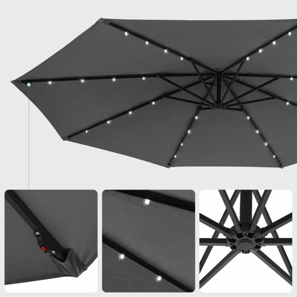 SONGMICS Umbrela de gradina cu brat lateral banana, 300cm, cu iluminare LED solara, gri - Image 5