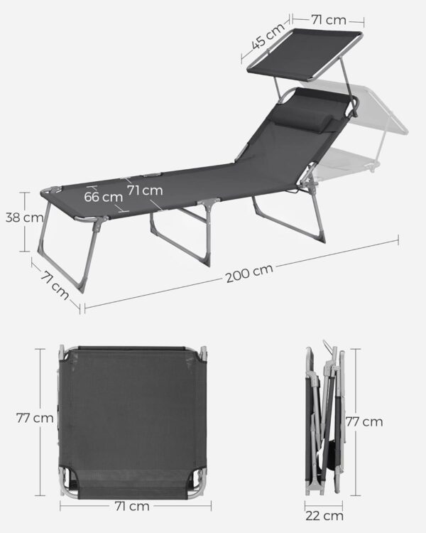 SONGMICS Sezlong pliabil, cu parasolar si tetiera, spatar reglabil in 4 pozitii, maxim 150kg, 200x71x38cm, gri - Image 5