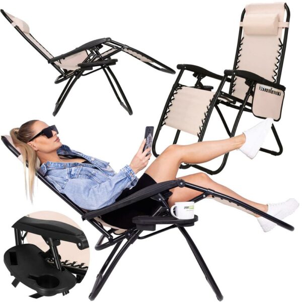 Strand vagy kerti összecsukható szék, Siesta, nulla gravitáció, fejtámlával, krémmel - Image 5