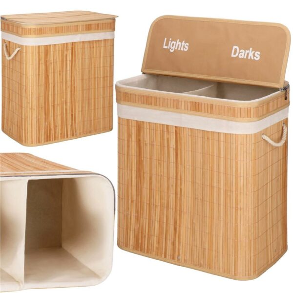 Cos de rufe din bambus cu capac, 2 compartimente, sac detasabil, volum 100L, 53x32x62cm, maro - Image 6