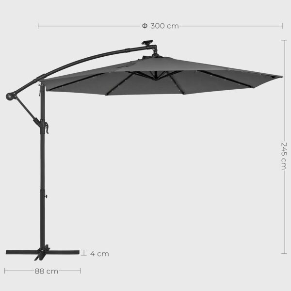 SONGMICS Umbrela de gradina cu brat lateral banana, 300cm, cu iluminare LED solara, gri - Image 6