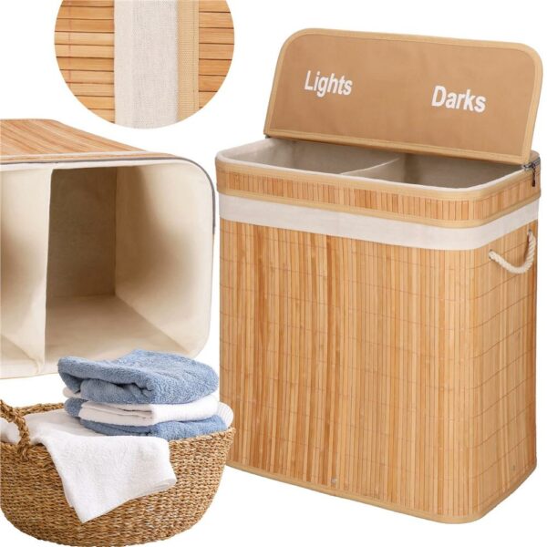 Cos de rufe din bambus cu capac, 2 compartimente, sac detasabil, volum 100L, 53x32x62cm, maro - Image 7