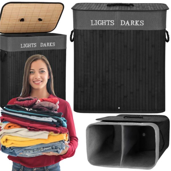Cos de rufe din bambus cu capac, 2 compartimente, sac detasabil, volum 100L, 54x34x60cm, negru - Image 7