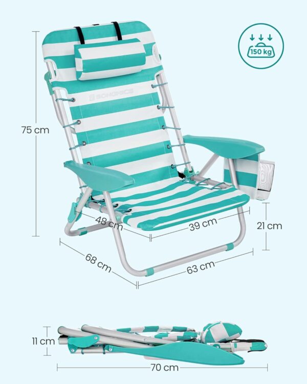 SONGMICS Scaun de plaja portabil cu spatar rabatabil in 4 pozitii, cu cotiere, maxim 150kg, alb verde - Image 7