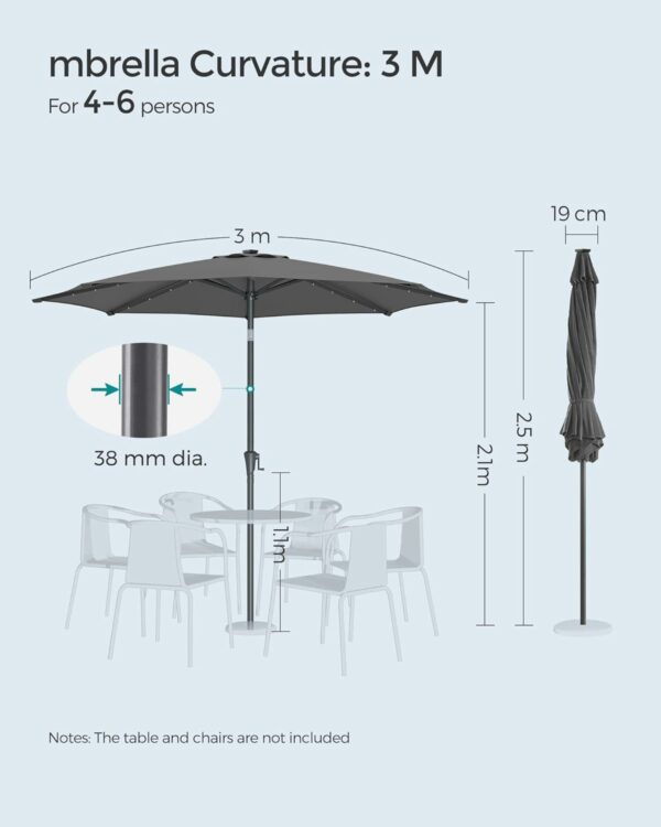 SONGMICS Umbrela de gradina, iluminare LED solara, cu manivela pentru deschidere, sistem inclinare, 300cm, gri - Image 7