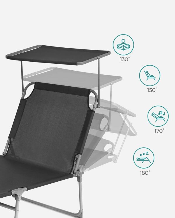 SONGMICS Sezlong pliabil, cu parasolar si tetiera, spatar reglabil in 4 pozitii, maxim 150kg, 200x71x38cm, gri - Image 11