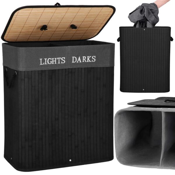 Cos de rufe din bambus cu capac, 2 compartimente, sac detasabil, volum 100L, 54x34x60cm, negru - Image 8