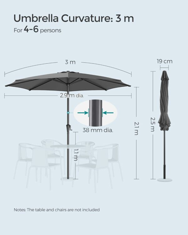 SONGMICS Kerti napernyő, nyitható fogantyúval, billenő rendszerrel, 300cm, szürke - Image 8
