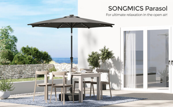 SONGMICS Umbrela de gradina, iluminare LED solara, cu manivela pentru deschidere, sistem inclinare, 300cm, gri - Image 8