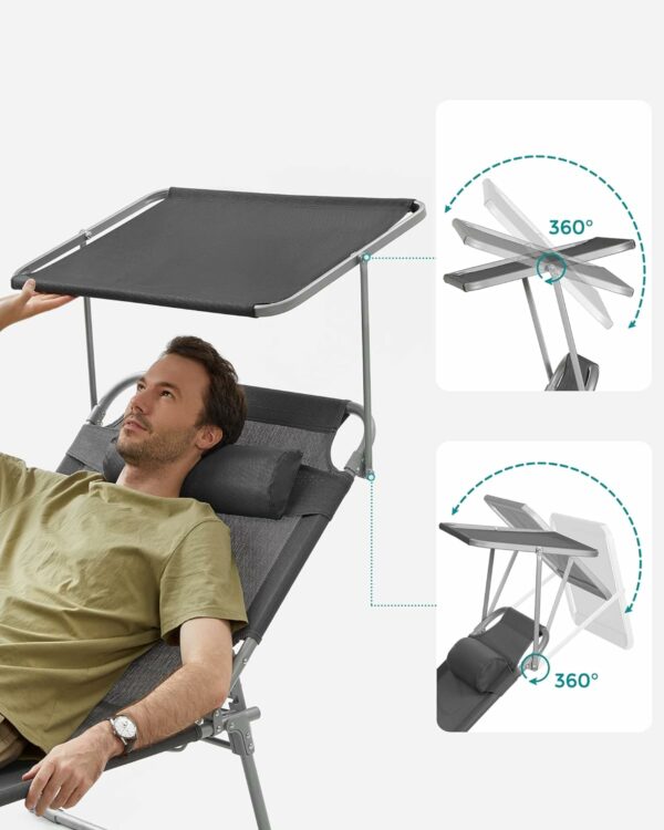 SONGMICS Sezlong pliabil, cu parasolar si tetiera, spatar reglabil in 4 pozitii, maxim 150kg, 200x71x38cm, gri - Image 10