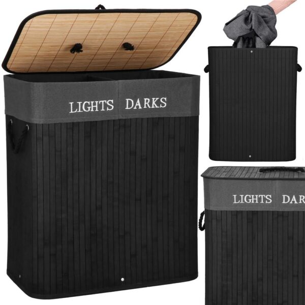 Cos de rufe din bambus cu capac, 2 compartimente, sac detasabil, volum 100L, 54x34x60cm, negru - Image 9