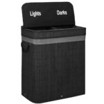 Bambusz szennyeskosár fedéllel, 2 rekeszes, kivehető zacskó, űrtartalom 100L, 54x35x60cm, fekete