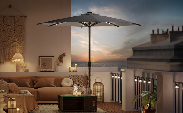 SONGMICS Umbrela de gradina, iluminare LED solara, cu manivela pentru deschidere, sistem inclinare, 300cm, gri - Image 9