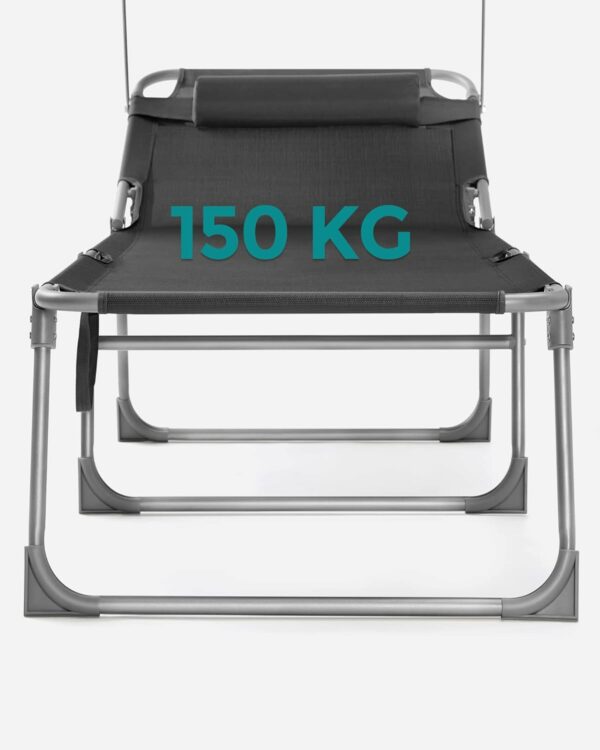 SONGMICS Sezlong pliabil, cu parasolar si tetiera, spatar reglabil in 4 pozitii, maxim 150kg, 200x71x38cm, gri - Image 14