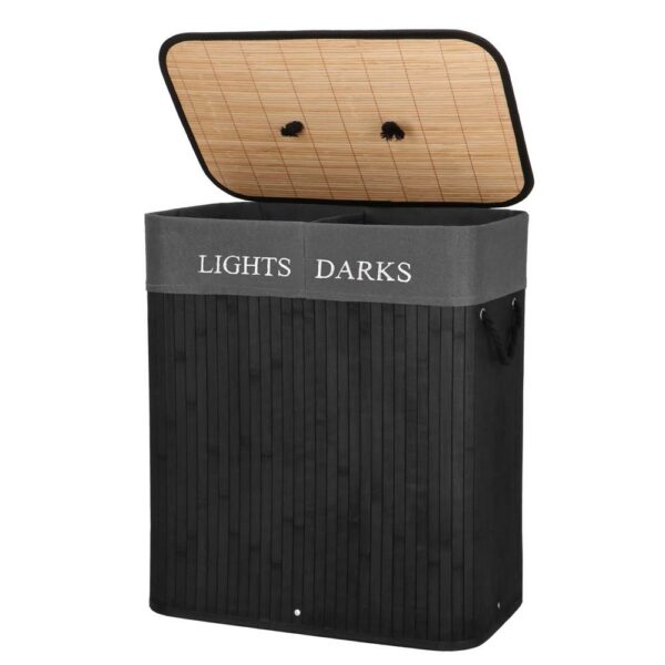 Cos de rufe din bambus cu capac, 2 compartimente, sac detasabil, volum 100L, 54x34x60cm, negru - Image 10
