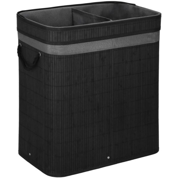 Bambusz szennyeskosár fedéllel, 2 rekeszes, kivehető zacskó, űrtartalom 100L, 54x35x60cm, fekete - Image 9
