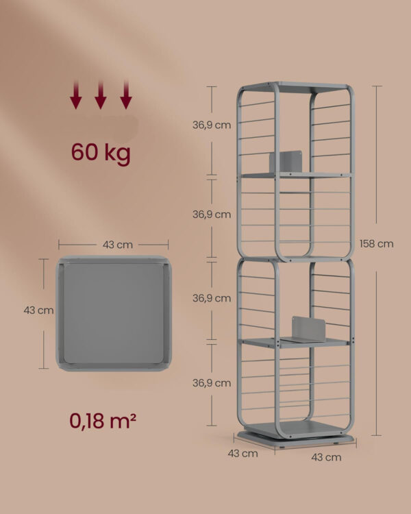 VASAGLE 360 fokban forgatható könyvespolc, fém keret, 5 db MDF polccal, 43x43x158cm, szürke - Image 3