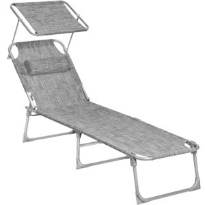 RESIGILAT: SONGMICS Sezlong pliabil, cu parasolar si tetiera, spatar reglabil in 4 pozitii, maxim 150kg, 193x53x29cm, gri deschis