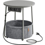 VASAGLE Kerek dohányzóasztal szövetkosárral, töltőállomással 2 aljzattal és 2 USB-vel, 45x50cm, ezüstszürke