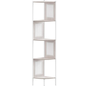 VASAGLE Boho sarokpolc, fém keret, MDF polcok és polyrattan panelek, 32x32x156cm, fehér