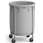 SONGMICS Cos de rufe rotund cu roti, cadru din otel, sac de rufe detasabil, 110 litri, gri