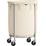 SONGMICS Cos de rufe rotund cu roti, cadru din otel, sac de rufe detasabil, 110 litri, bej