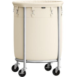 SONGMICS Cos de rufe rotund cu roti, cadru din otel, sac de rufe detasabil, 110 litri, bej