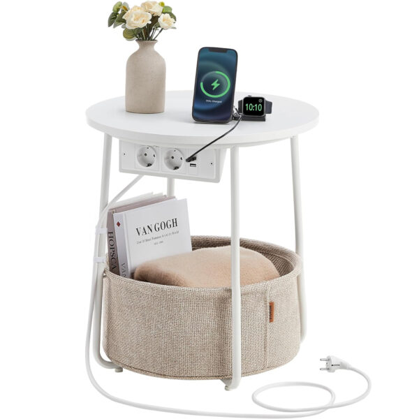 VASAGLE Kerek dohányzóasztal szövetkosárral, töltőállomással 2 aljzattal és 2 USB-vel, 45x50 cm, fehér