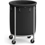 SONGMICS Cos de rufe rotund cu roti, cadru din otel, sac de rufe detasabil, 110 litri, negru