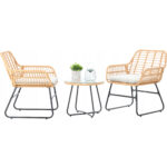 Set mobilier gradina din ratan, 2 scaune cu perne, 1 masa rotunda, maro natur