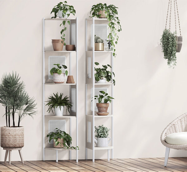 VASAGLE Boho sarokpolc, fém keret, MDF polcok és polyrattan panelek, 32x32x156cm, fehér - Image 9