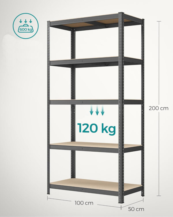 SONGMICS Fém tárolópolc, MDF polcokkal, 5 polc, max. 600 kg, 200x100x50cm, szürke - Image 3