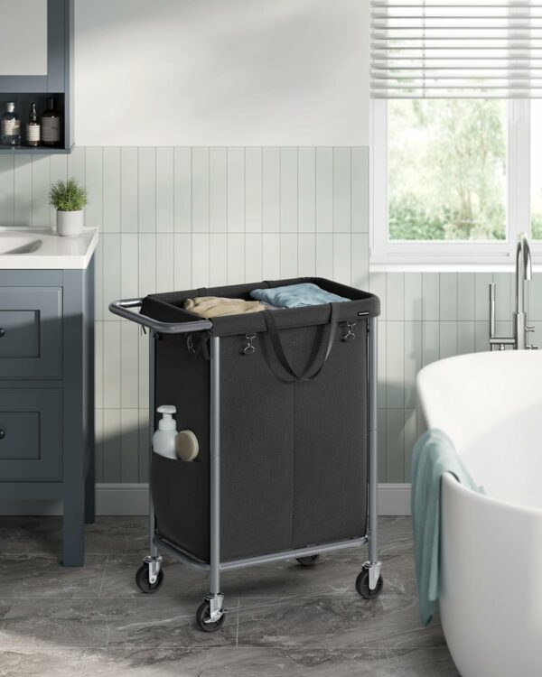 SONGMICS Cos de rufe cu roti, cadru din otel, sac detasabil cu 2 compartimente, 140 litri, 69x39x81cm, negru - Image 3