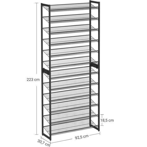 SONGMICS 12 szintes egymásra rakható cipőtartó fém állítható polcok 48-60 pár 31x93x223cm fekete - Image 3