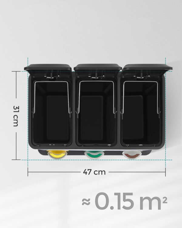 SONGMICS Acél szemetes 3 rekeszes szelektív gyűjtéssel, belső vödrökkel, 3x8 literes, matt fekete - Image 4