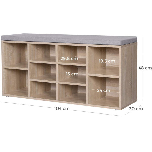 VASAGLE Banca pentru hol cu suport pentru pantofi, 10 compartimente, cu perna, 104x48x30cm, stejar - Image 4