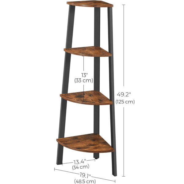 VASAGLE Raft de colt cu 4 etaje, tip biblioteca, cadru metal si polite lemn, industrial, 34x34x125cm, maro rustic - Image 8