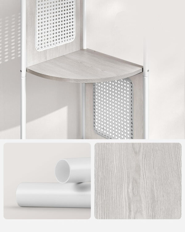 VASAGLE Boho sarokpolc, fém keret, MDF polcok és polyrattan panelek, 32x32x156cm, fehér - Image 5