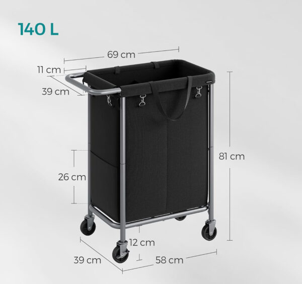 SONGMICS Cos de rufe cu roti, cadru din otel, sac detasabil cu 2 compartimente, 140 litri, 69x39x81cm, negru - Image 5