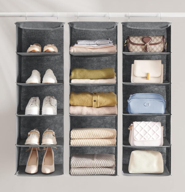 SONGMICS Raft suspendat organizator pentru dulapuri, pliabil, textil, 30x30x90cm, gri - Image 5