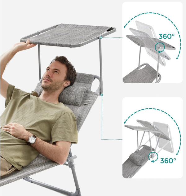 RESIGILAT: SONGMICS Sezlong pliabil, cu parasolar si tetiera, spatar reglabil in 4 pozitii, maxim 150kg, 193x53x29cm, gri deschis - Image 8