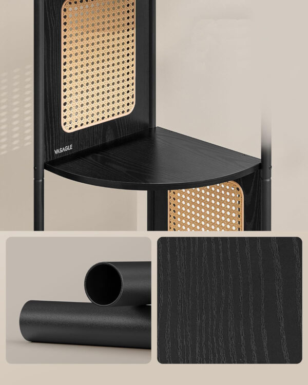VASAGLE Boho sarokpolc, fém keret, MDF polcok és polyrattan panelek, 32x32x156cm, fekete - Image 5