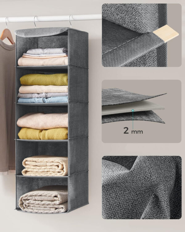 SONGMICS Raft suspendat organizator pentru dulapuri, pliabil, textil, 30x30x90cm, gri - Image 6