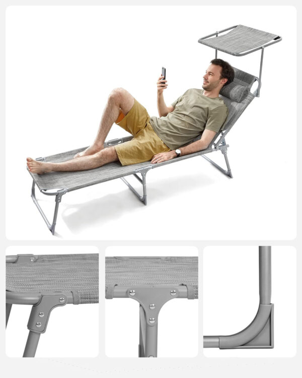 RESIGILAT: SONGMICS Sezlong pliabil, cu parasolar si tetiera, spatar reglabil in 4 pozitii, maxim 150kg, 193x53x29cm, gri deschis - Image 10