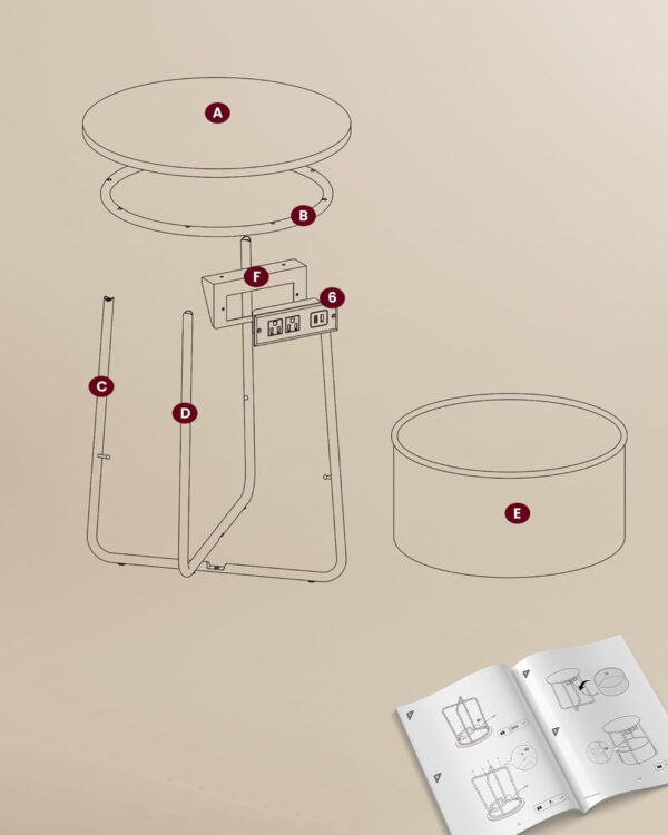 VASAGLE Kerek dohányzóasztal szövetkosárral, töltőállomással 2 aljzattal és 2 USB-vel, 45x50 cm, fehér - Image 7