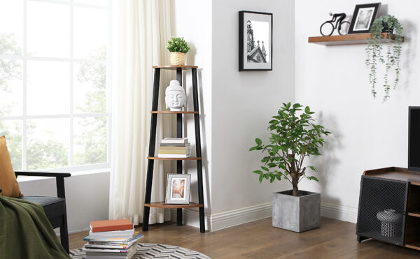 VASAGLE Raft de colt cu 4 etaje, tip biblioteca, cadru metal si polite lemn, industrial, 34x34x125cm, maro rustic - Image 2